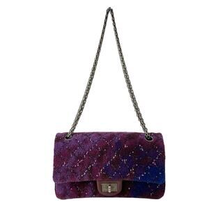 Chanel 2.55/Double Flap Matelasse Shoulder Bag Purple Bordeaux Navy Wool
